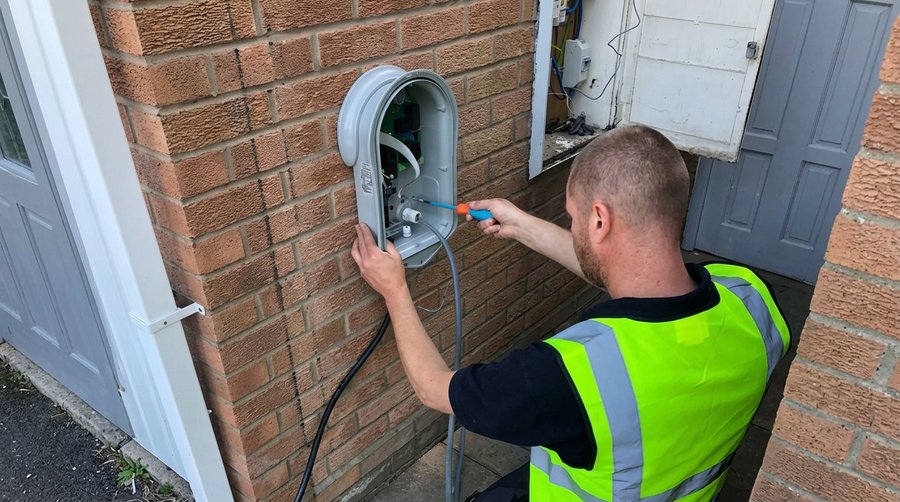 Electrician wiring an electric vehicle wall charger on a brick wall