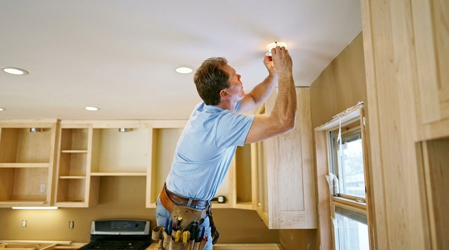 Electrician fitting a recessed ceiling light in a kitchen