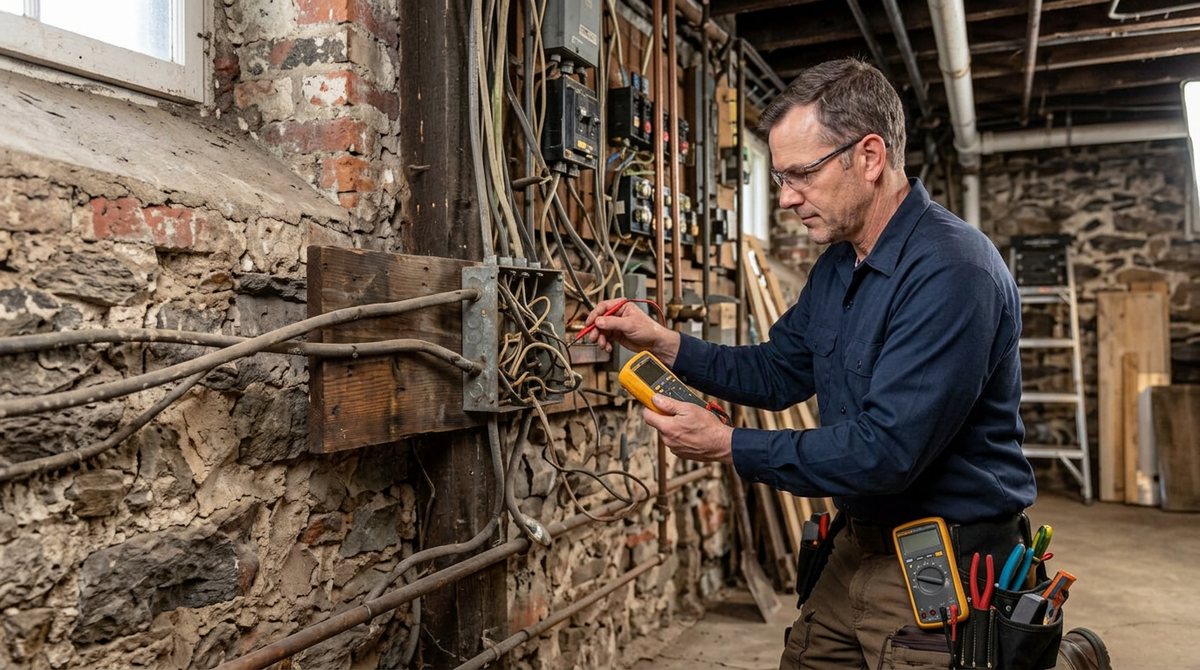 Electrician testing old wiring in an older property before a rewire